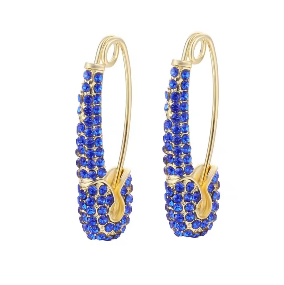 Blue Rhinestone Safety Pin Gold Toned Dangle Earrings - BRAND NEW